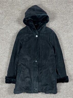 Vintage Middlebrook Black Suede Leather Hooded Fur Lined Parka Coat Women’s M